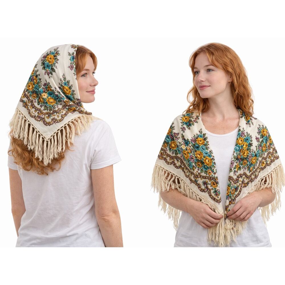 1970s Vintage Floral Hand-Knotted Fringe Shawl Scarf Boho Folk Cotton Wrap